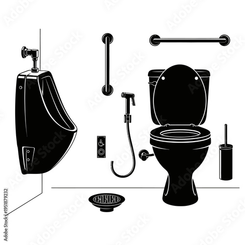 Bathroom interior with urinal and toilet and accessories