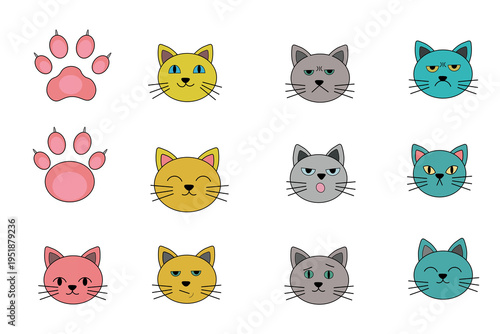 Flat Vector Illustration Set Of Stylized Feline Heads With Different Moods On White Background