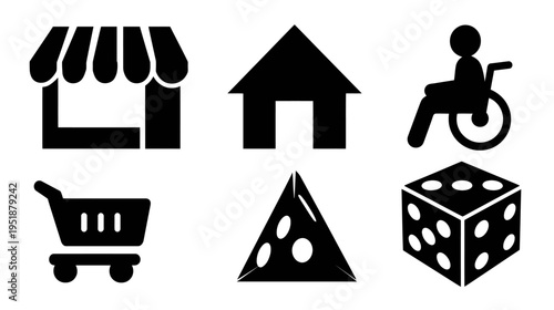 Diverse black silhouette icon set with retail, home, accessibility, shopping, food, and game elements on white background