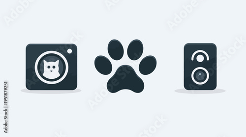 Vector icons for pet technology featuring a smart camera with a cat, an animal paw print, and a modern smart home device.