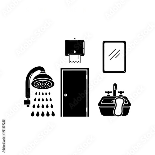 Bathroom scene with shower, door, mirror, and sink installed