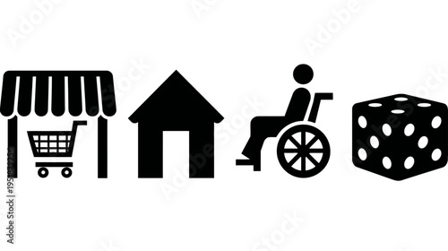 Set of diverse black silhouette icons: shopping store, home, wheelchair accessibility, and game dice concept