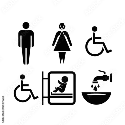 Restroom icons illustrate accessible facilities for people with disabilities and baby changing stations