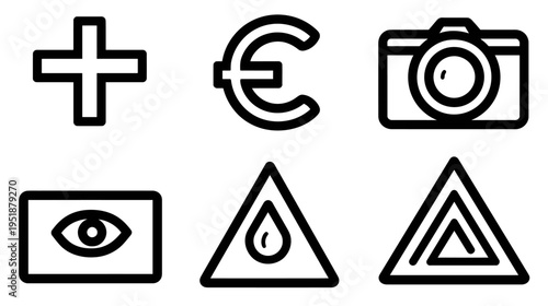 Set of Diverse Minimalist Line Art Icons Including Plus Sign, Euro Symbol, Camera, Eye, Water Drop, and Geometric Triangle for Web Design.