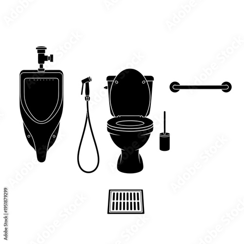 Bathroom equipment illustration includes toilet brush, cistern, bidet, toilet paper holder, and shower head
