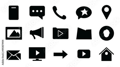 Modern minimalist black silhouette vector icon set for web design, UI/UX, mobile applications, communication, social media, and digital technology.