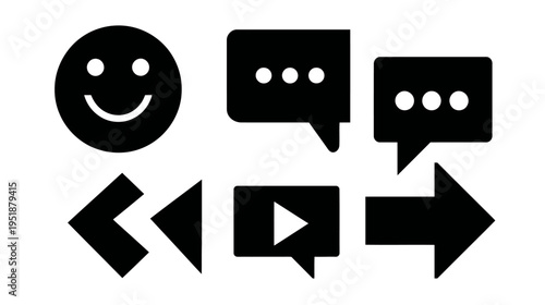 Black UI and media player icons set: smiley face, chat bubbles, rewind, play, and forward arrows on white background