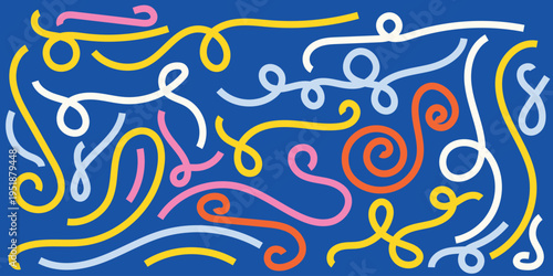 Vibrant colorful swirling lines on blue background abstract art