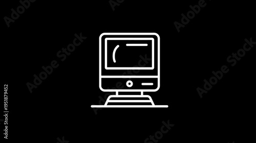 Retro Computer Monitor Outline Icon. Vintage Desktop PC Display Line Art on Black Background. Old Technology Device Symbol.