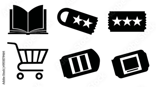 Online Shopping & E-commerce Icons: Book, Star Ratings, Discount Tags, Barcode, QR Code, Cart Symbols Vector Set.