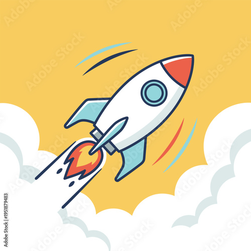 A cartoon rocket ship soaring through the clouds with flames and motion lines