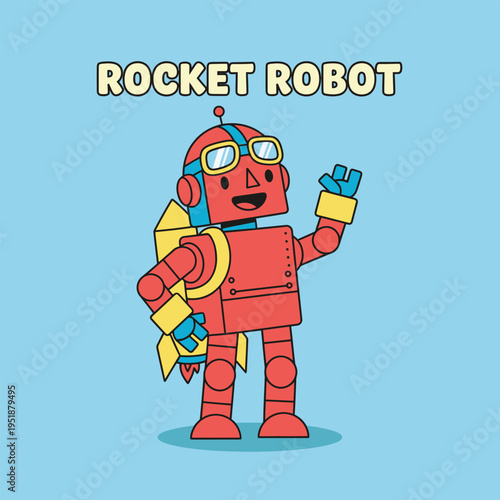 A cartoon rocket robot with a shocked expression stands heroically with a jetpack