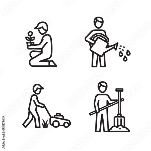 Line art icons depicting various gardening activities like planting, watering, mowing, and digging in the garden.