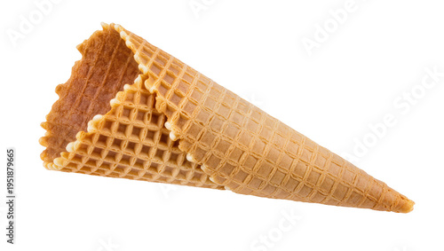 Delicious crispy golden waffle ice cream cone, empty and perfectly isolated PNG on transparent background, ready for sweet dessert creations