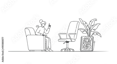 Vector illustration of a person sitting on a sofa with a phone, office chair, and potted plant