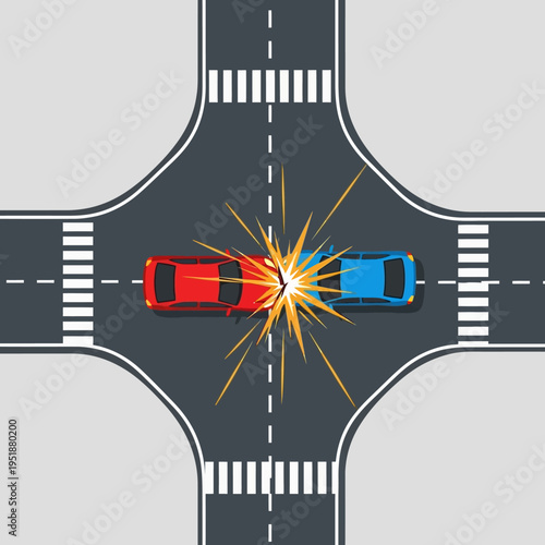 Car crash at intersection, vehicles colliding head-on, traffic accident, danger