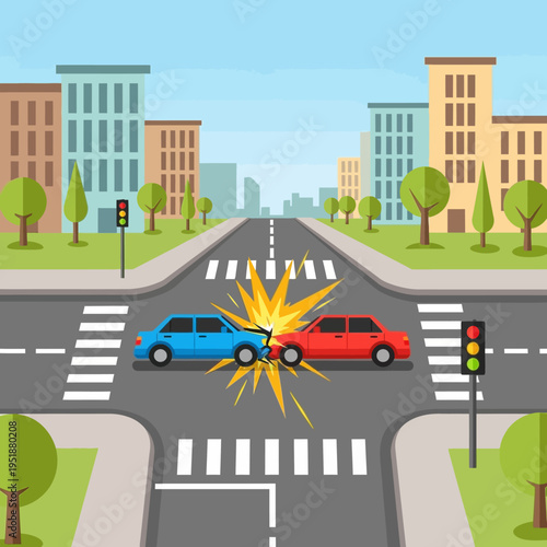 Car crash at intersection, traffic accident, collision, urban street, city life