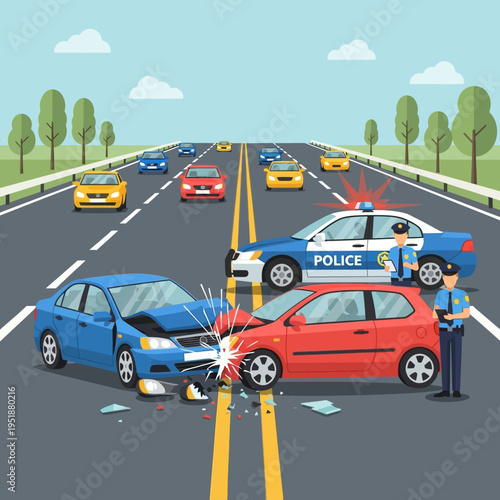Car accident on highway with police responding, damaged vehicles and officers.