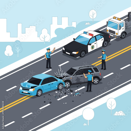 Car accident on highway with police and tow truck responding