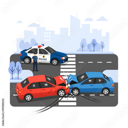 Car Accident Scene with Police Car and Officer at Crosswalk