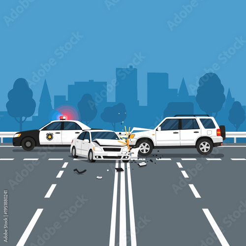 Car accident on highway with police car responding, city skyline background