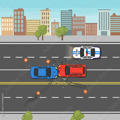 Car Accident on City Street: Police Car Responds to Collision