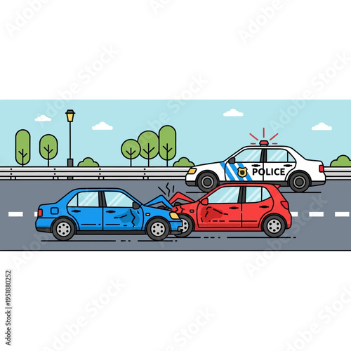 Car accident scene with police car responding to the crash on a road