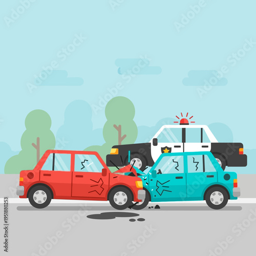 Car Accident: Police Car Responds to Collision Between Red and Blue Cars on Road