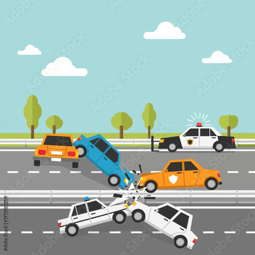 Car accident on highway with police cars responding, multiple vehicles damaged