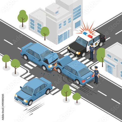 Car Crash Intersection Scene with Police Responding