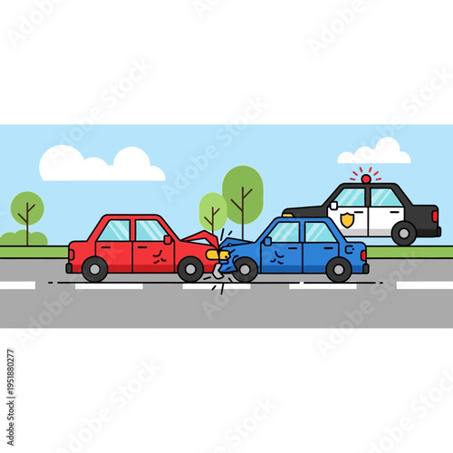 Car Accident Scene: Police Car Responding to Collision Between Red and Blue Cars on Road