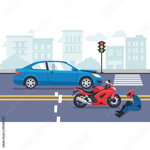 Car and motorcycle accident at intersection with injured rider on road