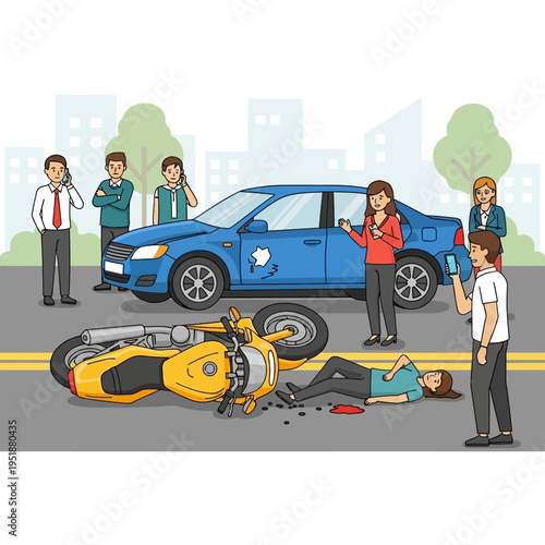 Car and motorcycle accident on city street with injured rider and onlookers
