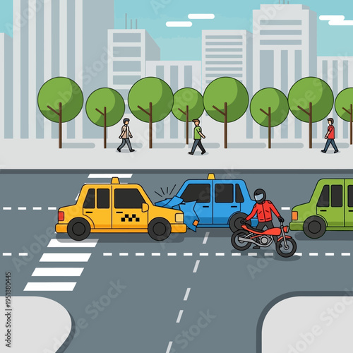 Car accident on city street with taxi, blue car, motorcycle, and pedestrians