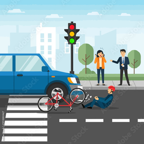 Car accident with injured cyclist on crosswalk, traffic light red