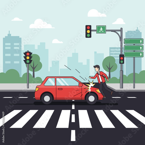 Car accident at intersection, pedestrian hit by red car, traffic lights, city street