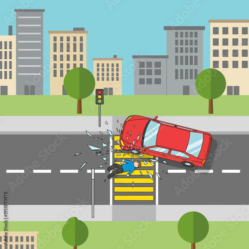 Car accident on pedestrian crossing, driver hits pedestrian, traffic collision, city street