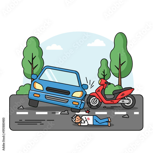 Car and scooter crash on road, injured person lying down, traffic accident concept