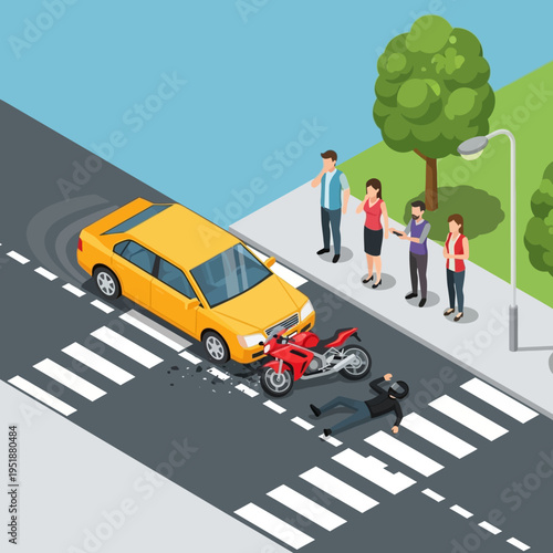 Car and motorcycle accident at crosswalk with injured rider and onlookers