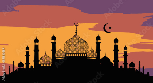 Islamic Mosque Silhouette at Sunset with Crescent Moon