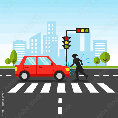 Car accident on pedestrian crossing with traffic light and city background