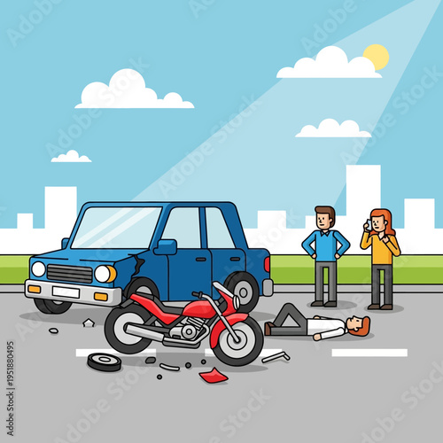 Car and motorcycle accident on city street with injured person