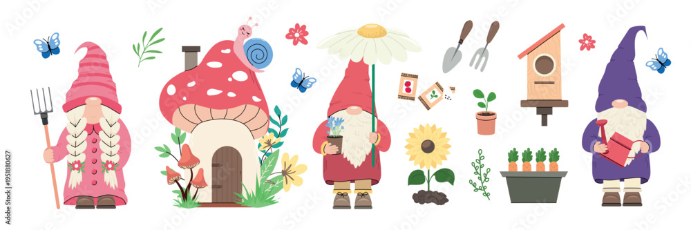 Fototapeta premium Cute garden gnome set with mushroom house plants tools and animals vector