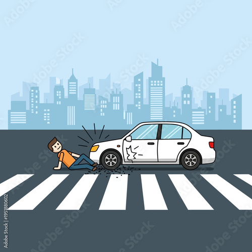 Car accident on pedestrian crossing, injured man on road, city background