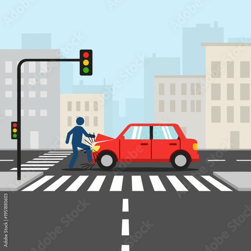 Car accident at pedestrian crossing with injured man and traffic light