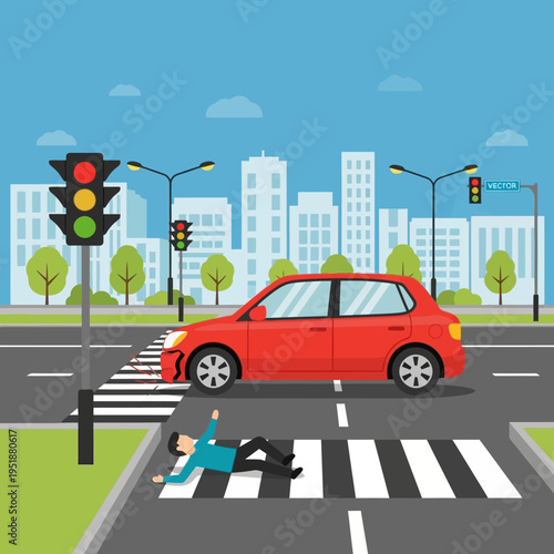Car accident on pedestrian crossing, injured man lying on street, traffic light