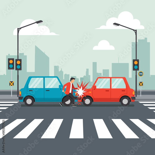 Car accident at pedestrian crossing with driver confronting another