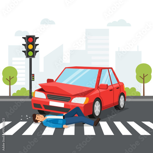 Car accident on pedestrian crossing, injured man lying on road, traffic light