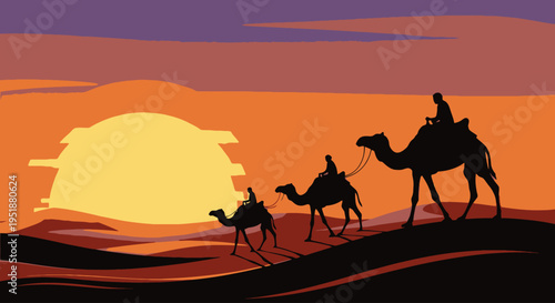Camels in desert at sunset caravan silhouette in sand dunes