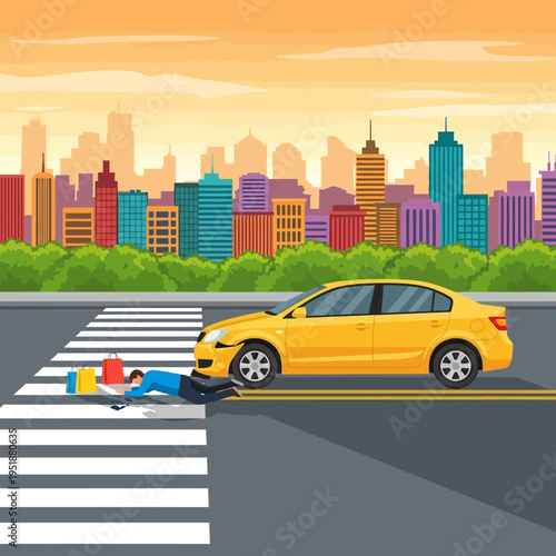 Car accident on pedestrian crossing with injured person and shopping bags